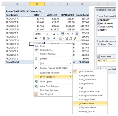 pivot table compare